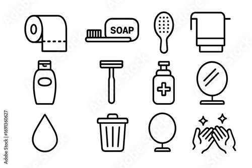 Daily Hygiene Icons. Outline icon set of daily hygiene habits: toilet paper roll, toothbrush, soap bar, towel,