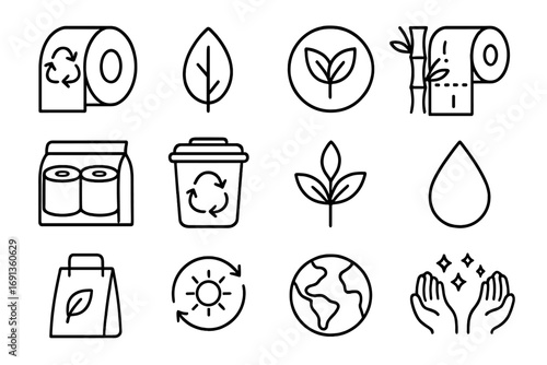 Eco-Friendly Toilet Paper Icons. Outline icon set of eco-friendly toilet paper: recycled roll, green leaf, eco
