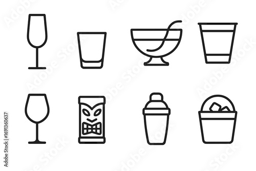 Party Glassware Icons. Outline icon set of party glassware: champagne flute, shot glass, punch bowl, plastic cup, wine goblet,