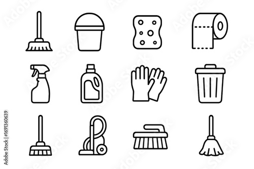 Household Cleaning Icons. Outline icon set of household cleaning: mop, bucket, sponge, toilet paper roll,