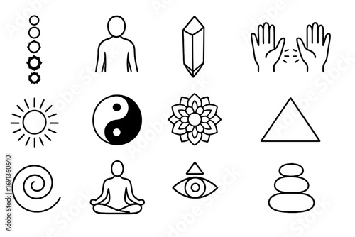 Energy Healing Icons. Outline icon set of energy healing: chakra icons, aura outline, crystal point, hands radiating energy, sun