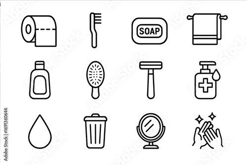 Daily Hygiene Icons. Outline icon set of daily hygiene habits: toilet paper roll, toothbrush, soap bar, towel,