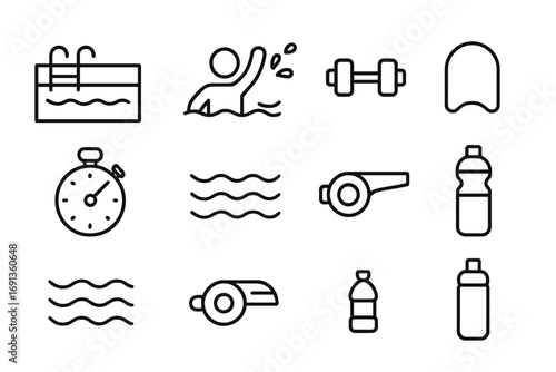 Water Aerobics Icons. Outline icon set of water aerobics exercise: swimming pool, figure splashing, dumbbells,