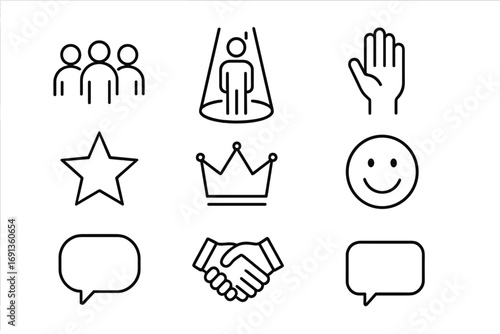 Confidence Inspiring Icons. Outline icon set of inspiring confidence in others: group of people, spotlight,