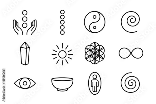 Energy Healing Icons. Outline icon set of Energy healing symbols: reiki hands, chakra alignment, yin-yang, energy swirl, crystal