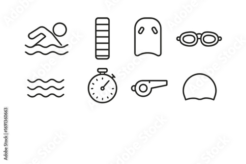 Swimming Icon Set. Outline icon set of swimming exercises: swimmer icon, pool lane, kickboard, goggles, waves,