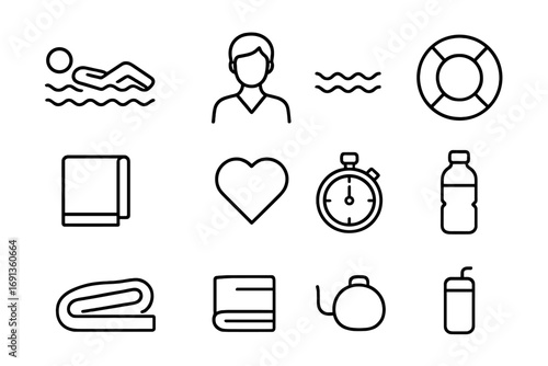Aqua Therapy Icons. Outline icon set of aqua therapy: reclining figure in water, therapist, waves, float