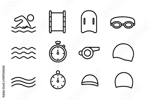 Swimming Icon Set. Outline icon set of swimming exercises: swimmer icon, pool lane, kickboard, goggles, waves,