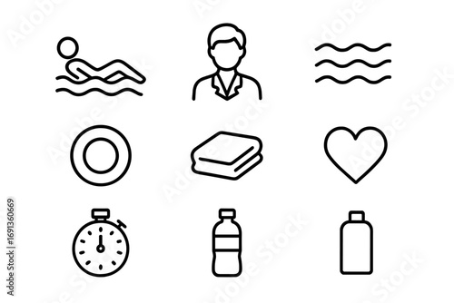 Aqua Therapy Icons. Outline icon set of aqua therapy: reclining figure in water, therapist, waves, float