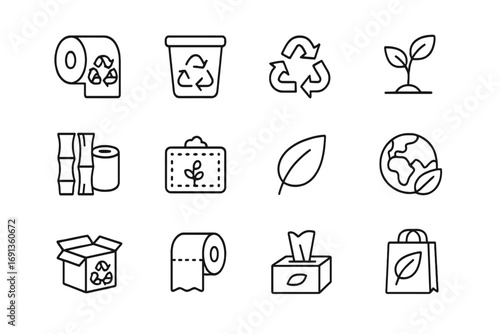 Toilet Paper Recycling Icons. Outline icon set of toilet paper recycling: recycled roll, eco bin, arrows