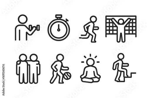 Patience Sports Icons. Outline icon set of patience in sports: training, stopwatch, slow jog, goal achievement, team support,