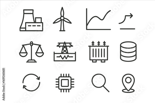 Energy Management Icons. Outline icon set of grid balancing and load forecasting: power plant, wind turbine, load curve chart,