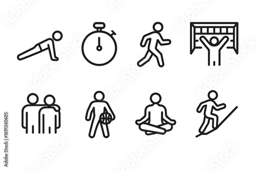 Patience Sports Icons. Outline icon set of patience in sports: training, stopwatch, slow jog, goal achievement, team support,