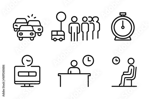 Patience Icon Set. Outline icon set of patience in daily life: traffic jam, waiting at bus stop, queue, cooking timer, slow