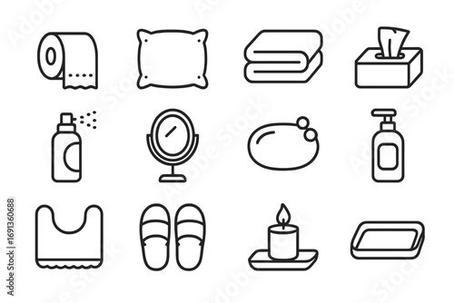 Toilet Comfort Icons. Outline icon set of toilet comfort items: soft roll, cushion, towel, tissue box, air