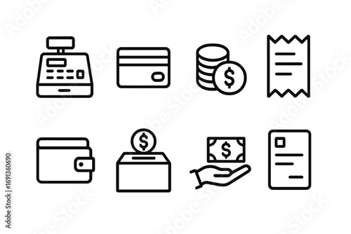 Payment Icon Set. Outline icon set of payment collection: cash register, credit card, coin stack, receipt, wallet, donation box,