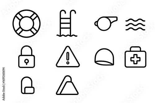 Pool Safety Icons. Outline icon set of pool safety: lifebuoy, pool ladder, whistle, waves, lock, warning