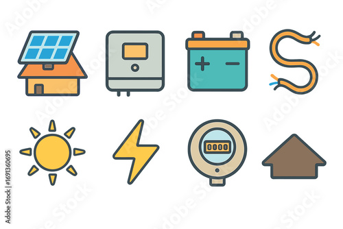 Energy Solutions for Kids. Flat vector mini-illustrations Solar panel integration in colors children's illustrations: rooftop