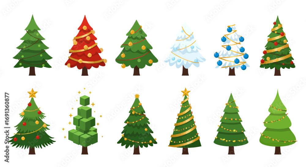 Fototapeta premium A diverse collection of twelve stylized Christmas trees, showcasing different decorations and designs for the holiday season.