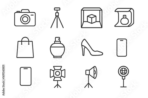 Consumer Goods Icons. Outline icon set of consumer goods and product photography: camera, tripod, lightbox,