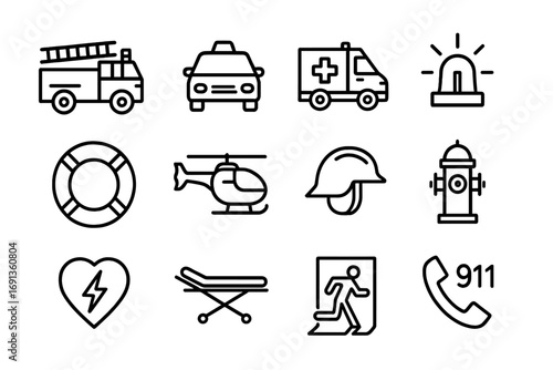 Emergency Services Icons. Outline icon set of emergency services: fire truck, police car, ambulance, siren,