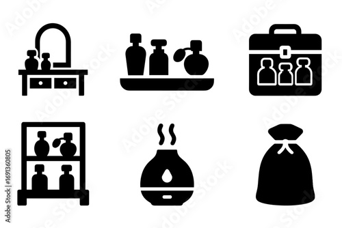 Perfume Storage Icons. Solid, filled icon set of perfume storage: vanity table, perfume tray, drawer organizer, travel case,