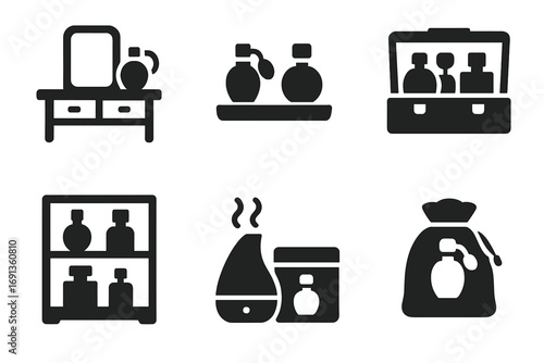 Perfume Storage Icons. Solid, filled icon set of perfume storage: vanity table, perfume tray, drawer organizer, travel case,