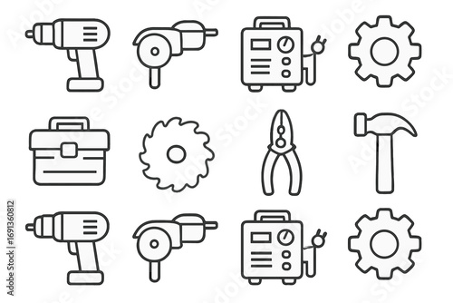 Workshop Tools Icons. Outline icon set of power tools in the workshop: electric drill, grinder, welding