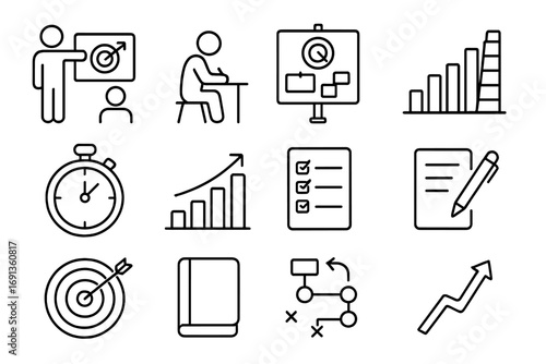 Entrepreneur Goal Icons. Outline icon set of Entrepreneur goal setting: mentor showing goals, mentee writing plan, vision board,