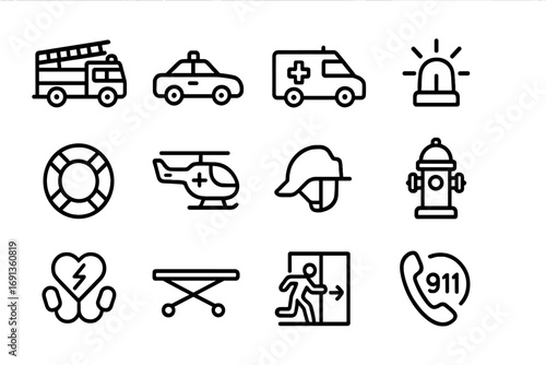 Emergency Services Icons. Outline icon set of emergency services: fire truck, police car, ambulance, siren,