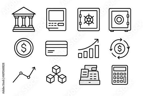 Financial Icons Grid. Outline icon set of financial infrastructure: bank building, ATM, vault, safe, coin,