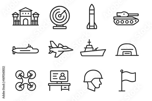 Defense Infrastructure Icons. Outline icon set of defense infrastructure: military base, radar, missile, tank,