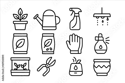 Indoor Gardening Icons. Outline icon set of indoor gardening: potted plant, watering can, spray bottle, grow