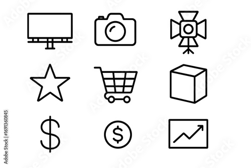 Advertising Icon Set. Outline icon set of advertising visuals: billboard, camera, spotlight, star, shopping