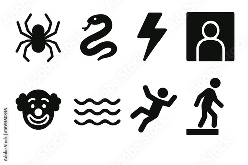 Phobia Icons Grid. Solid, filled icon set of phobias: spider, snake, thunderbolt, darkness, clown face, deep water, falling figure