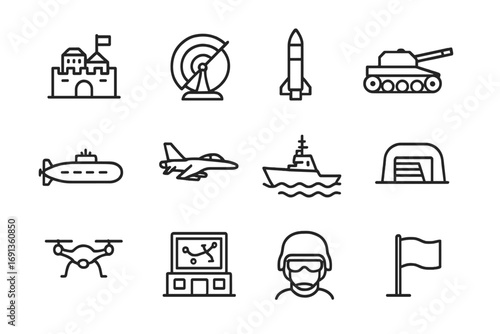 Defense Infrastructure Icons. Outline icon set of defense infrastructure: military base, radar, missile, tank,