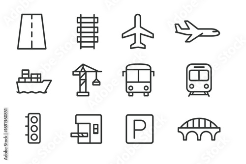 Transportation Icons Grid. Outline icon set of transportation infrastructure: highway, railway track, airport