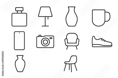 Minimalist Product Icons. Outline icon set of minimalist product design: perfume bottle, lamp, vase, mug,