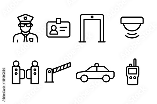Physical Security Icons. Outline icon set of physical security: security guard, access card, metal detector, motion sensor,