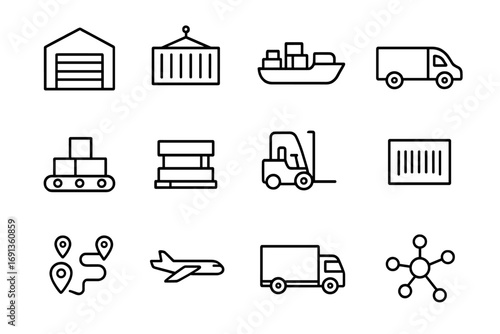 Logistics Icon Set. Outline icon set of logistics infrastructure: warehouse, shipping container, cargo ship,