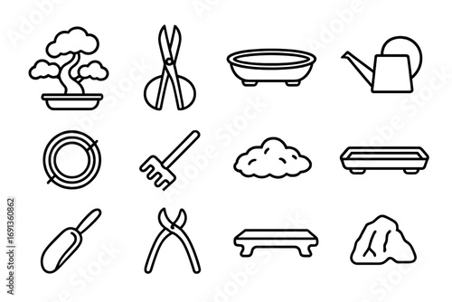 Bonsai Icon Collection. Outline icon set of bonsai gardening: bonsai tree, pruning scissors, shallow pot,
