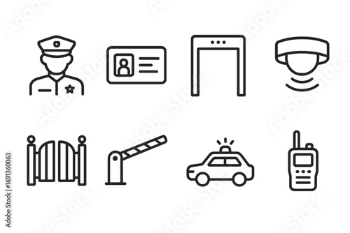 Physical Security Icons. Outline icon set of physical security: security guard, access card, metal detector, motion sensor,