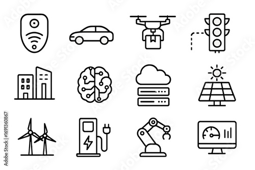 Smart Infrastructure Icons. Outline icon set of smart infrastructure: IoT sensor, connected car, drone