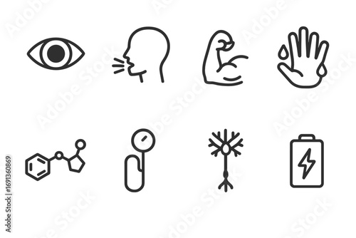 Physiological Effects Icons. Outline icon set of physiological effects: dilated pupils, rapid breathing, tense muscles, sweaty