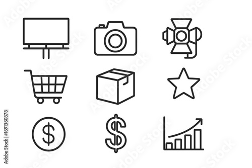 Advertising Icon Set. Outline icon set of advertising visuals: billboard, camera, spotlight, star, shopping