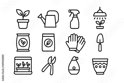 Indoor Gardening Icons. Outline icon set of indoor gardening: potted plant, watering can, spray bottle, grow