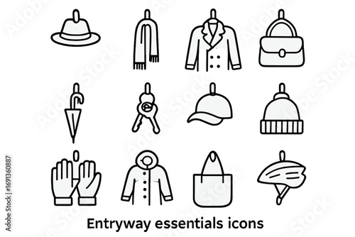 Entryway Essentials Icons. Outline icon set of entryway essentials on hooks: fedora hat, wool scarf, trench coat, leather bag,