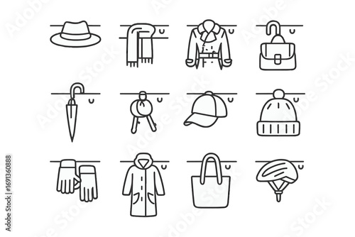 Entryway Essentials Icons. Outline icon set of entryway essentials on hooks: fedora hat, wool scarf, trench coat, leather bag,