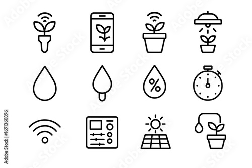 Smart Gardening Icons. Outline icon set of smart gardening: plant sensor, mobile app, smart pot, grow light,