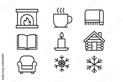 Cozy Winter Icon Set. Outline icon set of cozy winter escapes: fireplace, hot cocoa mug, blanket, cabin, book,